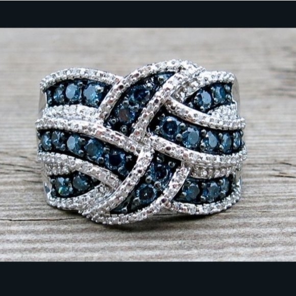 Silver Blue Wide Band Cocktail Ring Size 8 wave Silver Blue Stones - Picture 2 of 11
